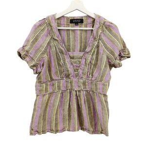 Kasper Kids Cottagecore Coastal 100% Linen Blouse 16 Purple Striped Puff Sleeve